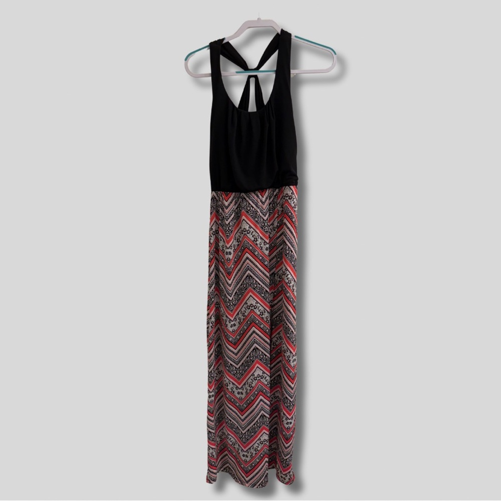 Three Pink Hearts Black and Pink Chevron Maxi Dress Y2K